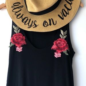 Curved Hem Tank Top w/ Rose Embroidery
